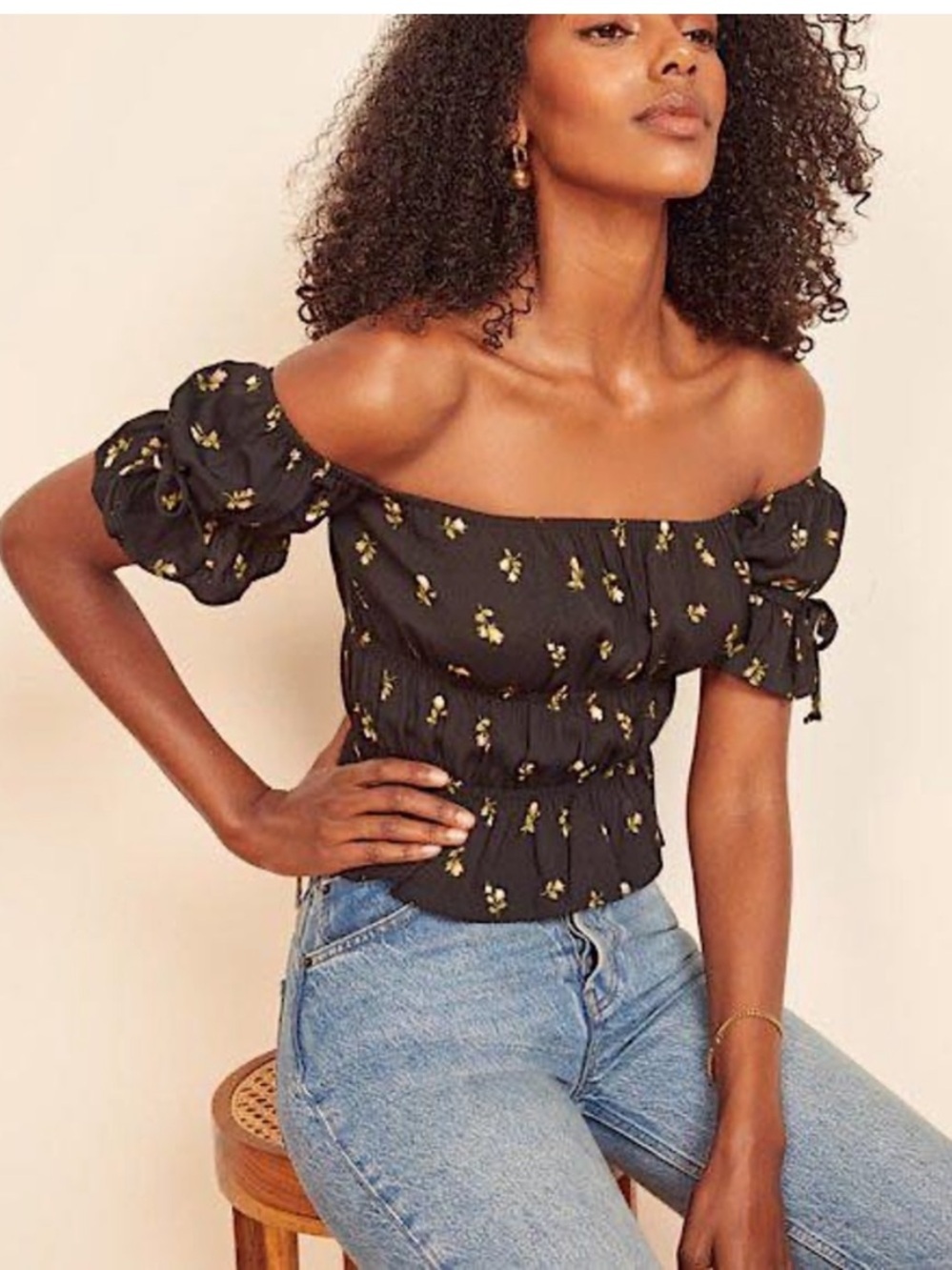 Reformation Solis Briar Black Floral Off the Shoulder Milkmaid Boho Top Small
